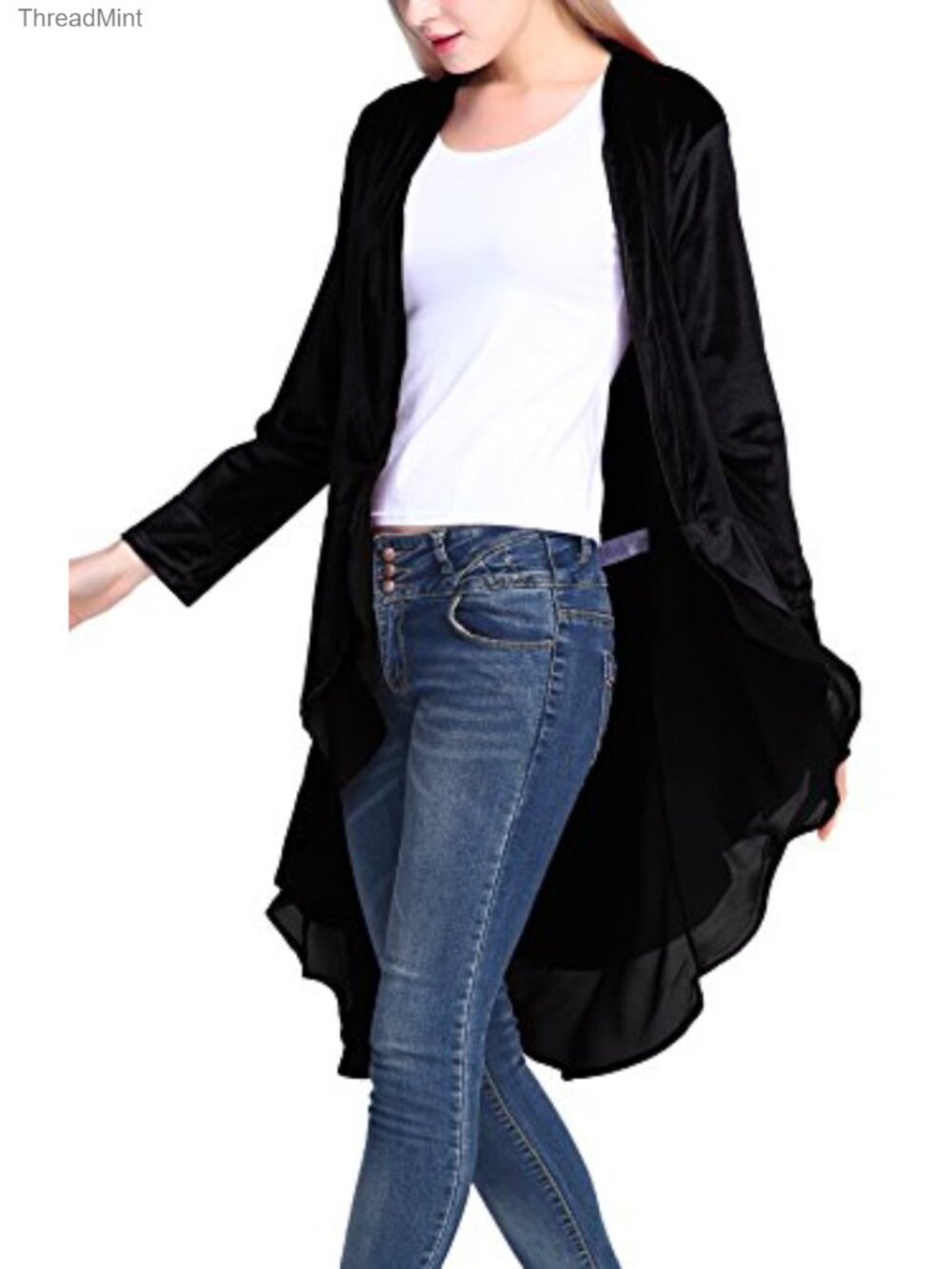 Velvet Open Front Long Sleeve Cardigan Coat Asymmetric Chiffon Hem